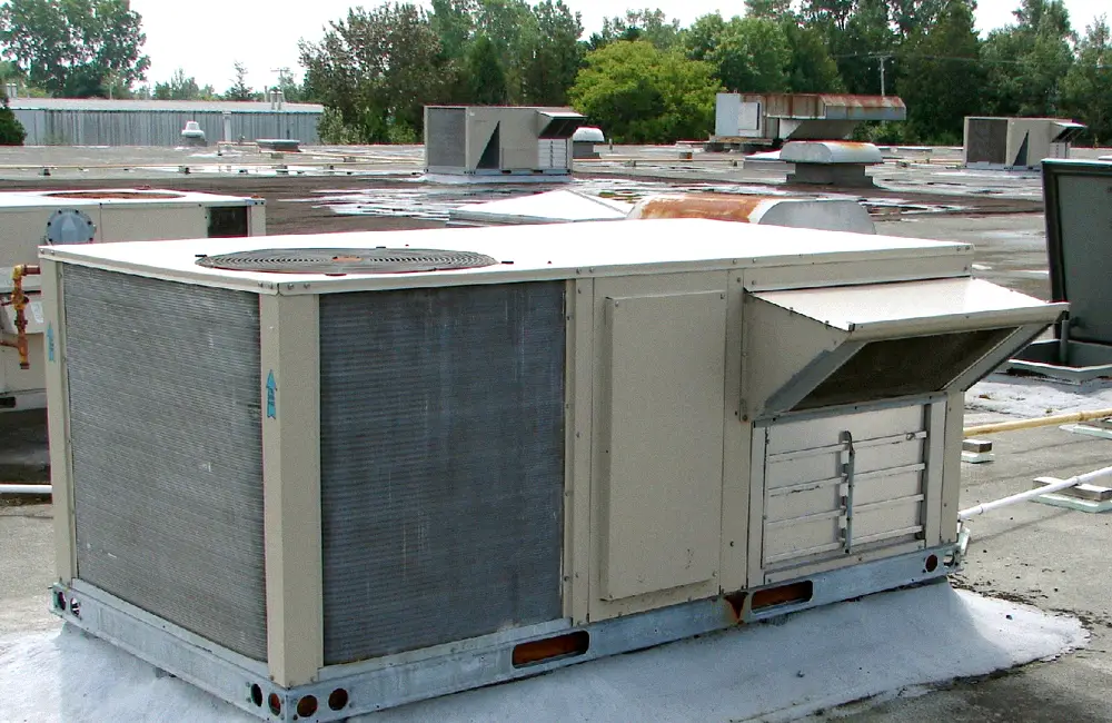 Rooftop packaged HVAC units after an air-conditioning cycle