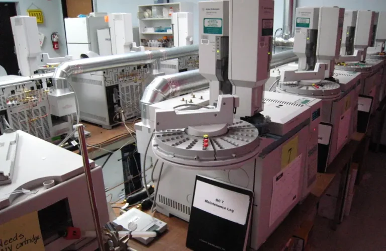 Gas chromatography laboratory equipment used to analyze refrigerant composition and purity.