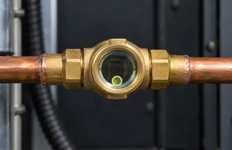 Brass refrigerant sight glass with a moisture indicator installed in a horizontal copper line.