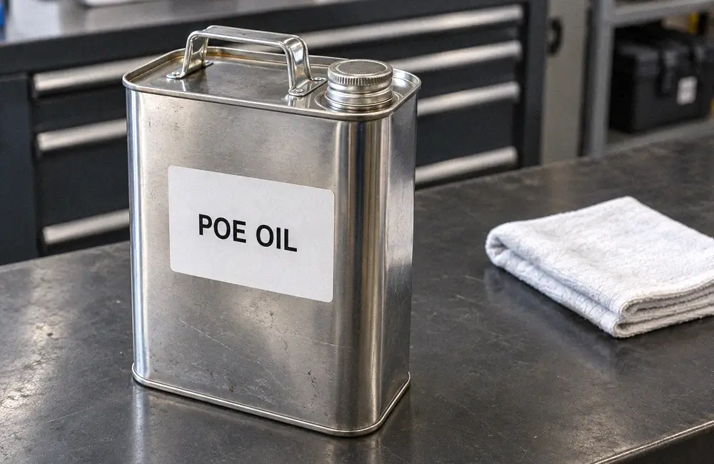 Closed metal POE oil can with a screw cap and handle on a service workbench.