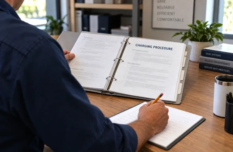 HVAC technician reviewing a charging procedure in a service binder beside a job checklist.