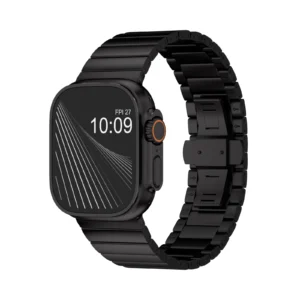 KW4024 black link watch band with butterfly clasp, front view on a display watch