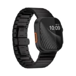 KW4024 black link watch band with butterfly clasp, angled front view on a display watch