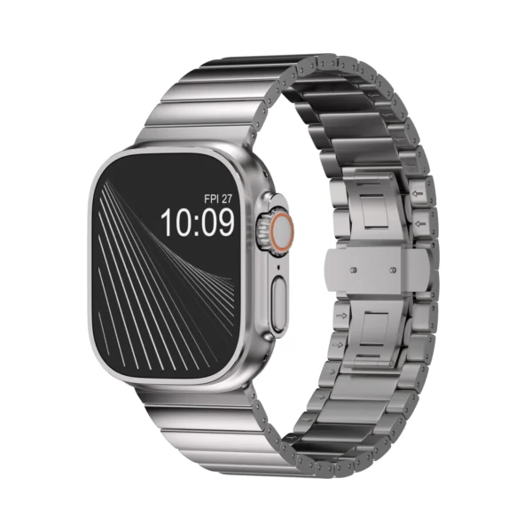 KW4024 Natural link watch band with butterfly clasp, front view on a display watch
