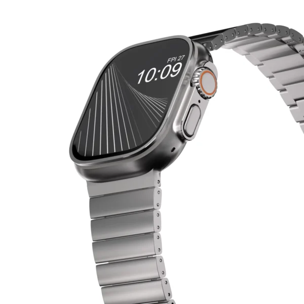 KW4024 Natural link watch band with butterfly clasp, close-up angled view on a display watch