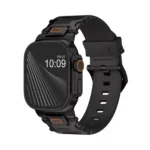 KW6004 Black FKM and titanium watch band, Black Titanium hardware color, angled front view on a display watch
