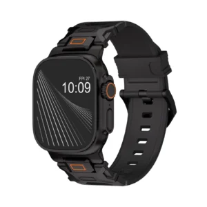 KW6004 Black FKM and titanium watch band, Black Titanium hardware color, angled front view on a display watch