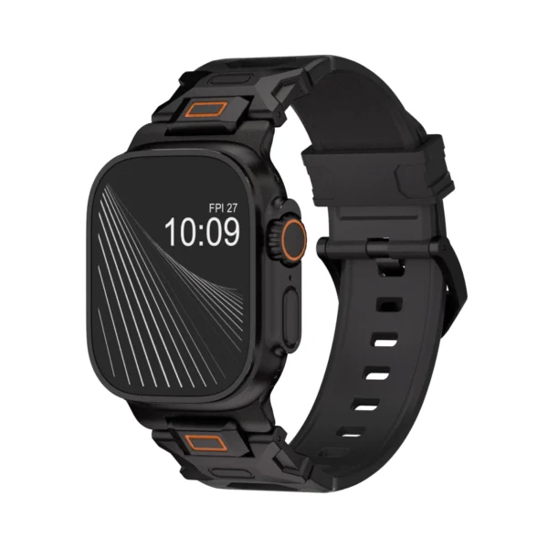 KW6004 Black FKM and titanium watch band, Black Titanium hardware color, angled front view on a display watch