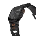 KW6004 Black FKM and titanium watch band, Black Titanium hardware color, closer angled front view on a display watch