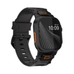 KW6004 Black FKM and titanium watch band, Black Titanium hardware color, front view with the buckle side visible on a display watch