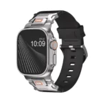 KW6004 Black FKM and titanium watch band, Natural hardware color, angled front view on a display watch