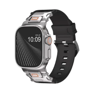 KW6004 Black FKM and titanium watch band, Natural hardware color, angled front view on a display watch