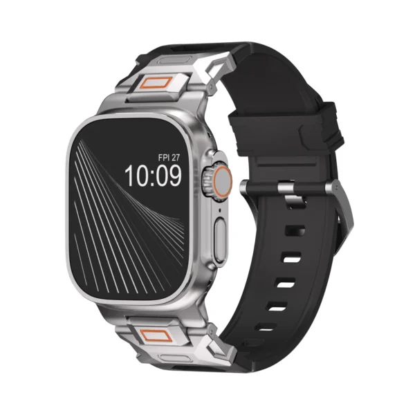 KW6004 Black FKM and titanium watch band, Natural hardware color, angled front view on a display watch