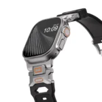 KW6004 Black FKM and titanium watch band, Natural hardware color, closer angled front view on a display watch