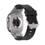 KW6004 Black FKM and titanium watch band, Natural hardware color, rear angled view with the buckle and display watch visible