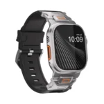 KW6004 Black FKM and titanium watch band, Natural hardware color, front view with the buckle side visible on a display watch