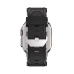 KW6004 Black FKM and titanium watch band, Natural hardware color, rear buckle and adjustment-hole view on a display watch