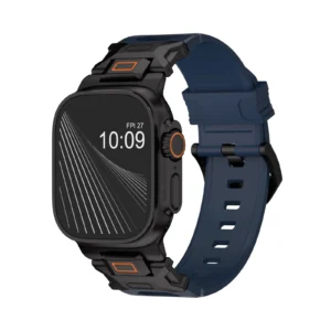 KW6004 Blue FKM and titanium watch band, Black Titanium hardware color, angled front view on a display watch