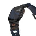 KW6004 Blue FKM and titanium watch band, Black Titanium hardware color, closer angled front view on a display watch