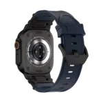 KW6004 Blue FKM and titanium watch band, Black Titanium hardware color, rear angled view with the buckle and display watch visible
