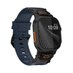 KW6004 Blue FKM and titanium watch band, Black Titanium hardware color, front view with the buckle side visible on a display watch