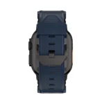 KW6004 Blue FKM and titanium watch band, Black Titanium hardware color, rear buckle and adjustment-hole view on a display watch
