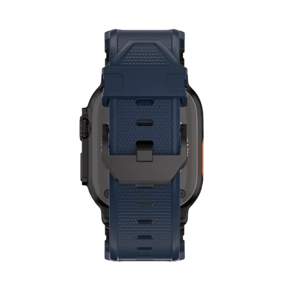 KW6004 Blue FKM and titanium watch band, Black Titanium hardware color, rear buckle and adjustment-hole view on a display watch