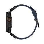 KW6004 Blue FKM and titanium watch band, Black Titanium hardware color, side profile on a display watch
