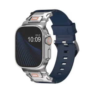 KW6004 Blue FKM and titanium watch band, Natural hardware color, angled front view on a display watch