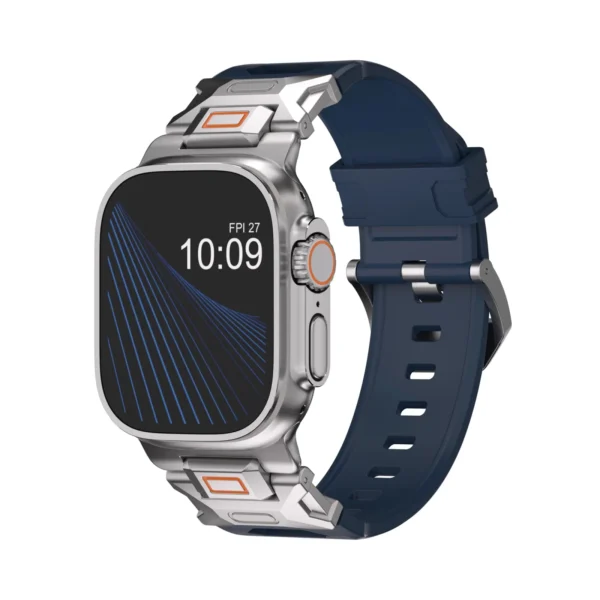 KW6004 Blue FKM and titanium watch band, Natural hardware color, angled front view on a display watch