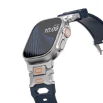 KW6004 Blue FKM and titanium watch band, Natural hardware color, closer angled front view on a display watch