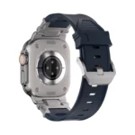 KW6004 Blue FKM and titanium watch band, Natural hardware color, rear angled view with the buckle and display watch visible