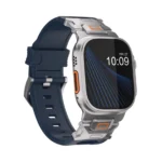 KW6004 Blue FKM and titanium watch band, Natural hardware color, front view with the buckle side visible on a display watch