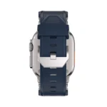 KW6004 Blue FKM and titanium watch band, Natural hardware color, rear buckle and adjustment-hole view on a display watch