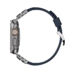 KW6004 Blue FKM and titanium watch band, Natural hardware color, side profile on a display watch