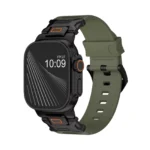 KW6004 Green FKM and titanium watch band, Black Titanium hardware color, angled front view on a display watch