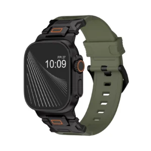 KW6004 Green FKM and titanium watch band, Black Titanium hardware color, angled front view on a display watch