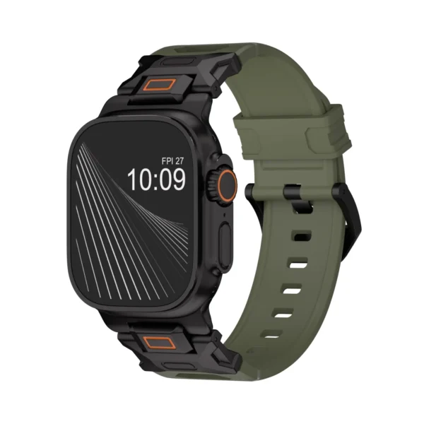 KW6004 Green FKM and titanium watch band, Black Titanium hardware color, angled front view on a display watch