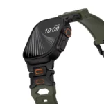 KW6004 Green FKM and titanium watch band, Black Titanium hardware color, closer angled front view on a display watch