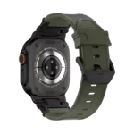 KW6004 Green FKM and titanium watch band, Black Titanium hardware color, rear angled view with the buckle and display watch visible