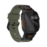 KW6004 Green FKM and titanium watch band, Black Titanium hardware color, front view with the buckle side visible on a display watch