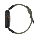 KW6004 Green FKM and titanium watch band, Black Titanium hardware color, side profile on a display watch