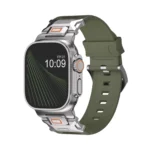 KW6004 Green FKM and titanium watch band, Natural hardware color, angled front view on a display watch