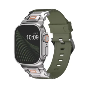 KW6004 Green FKM and titanium watch band, Natural hardware color, angled front view on a display watch