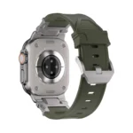 KW6004 Green FKM and titanium watch band, Natural hardware color, rear angled view with the buckle and display watch visible