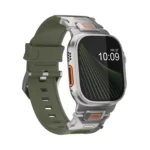 KW6004 Green FKM and titanium watch band, Natural hardware color, front view with the buckle side visible on a display watch