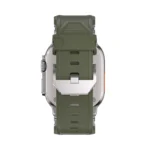 KW6004 Green FKM and titanium watch band, Natural hardware color, rear buckle and adjustment-hole view on a display watch