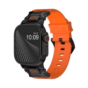 KW6004 Orange FKM and titanium watch band, Black Titanium hardware color, angled front view on a display watch