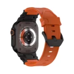 KW6004 Orange FKM and titanium watch band, Black Titanium hardware color, rear angled view with the buckle and display watch visible