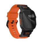 KW6004 Orange FKM and titanium watch band, Black Titanium hardware color, front view with the buckle side visible on a display watch
